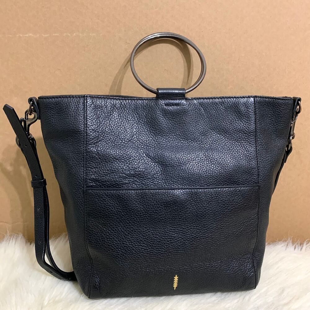 THACKER New York Black Pebbled Leather Large LEIGH Circle Bag Ring Tote XBody